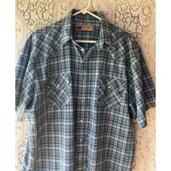 Vintage Big Mac Authentic Work Wear Men's Blue Plaid Pearl Snap Shirt - Picture 2 of 6